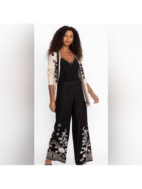 Johnny Was Workshop Pants Womens M Black Embroidered Linen Wide Leg NWT